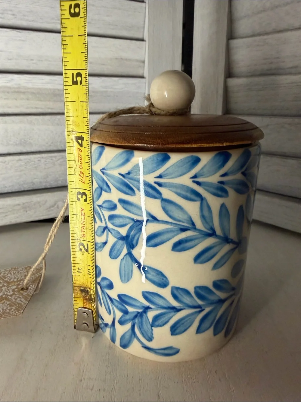 Blue Leaf Ceramic Jar with Wooden Lid